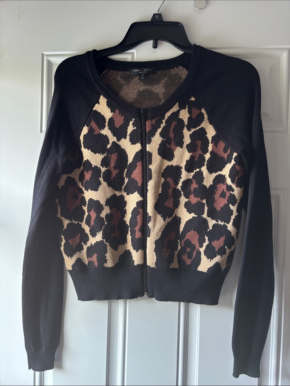 Romeo & Juliet Couture Black/Tan/Brown Leopard Zip-Front Bomber Jacket